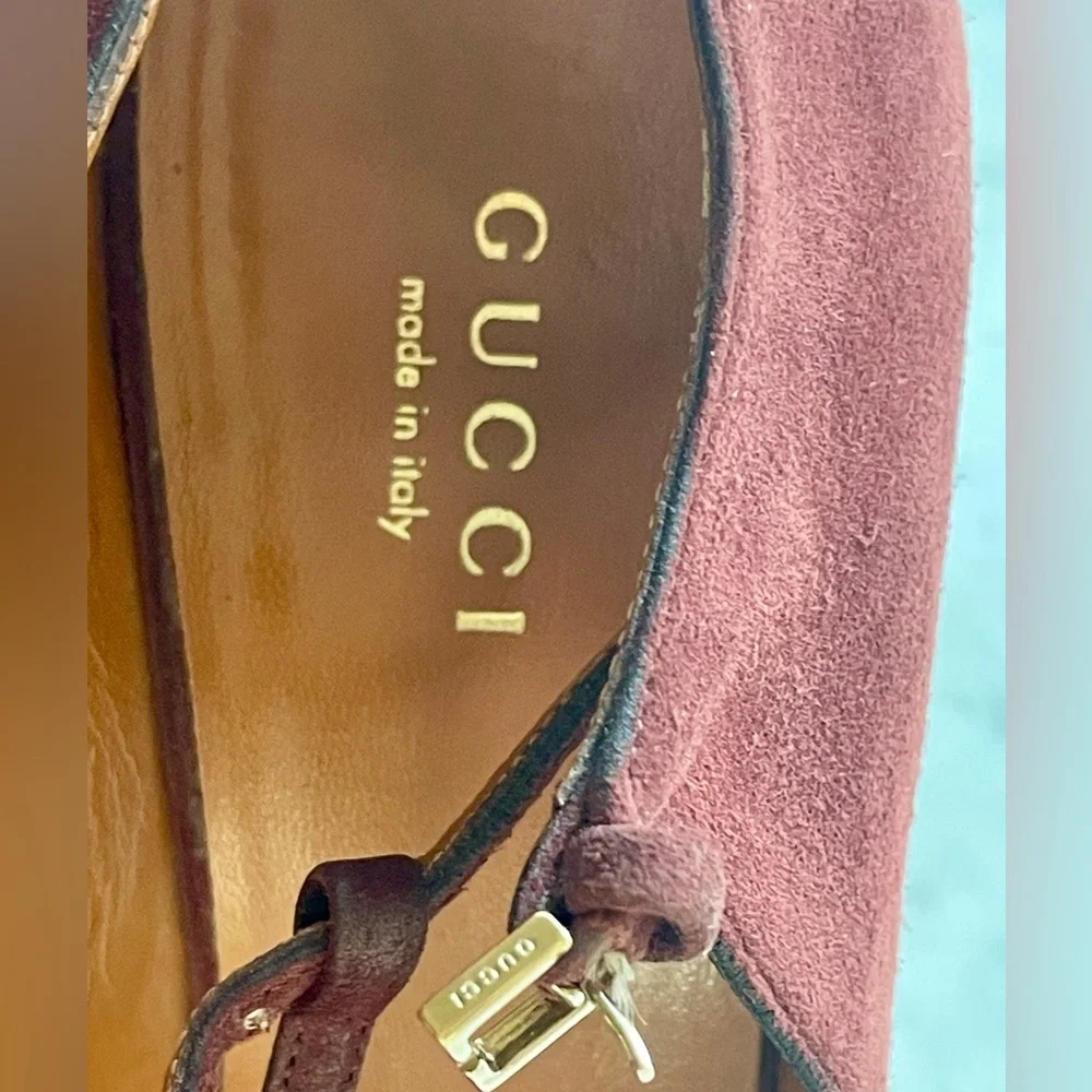 Gucci Suede peep toe heels, T-Strap, buckles, maroon, 37, EUC - Picture 8 of 15